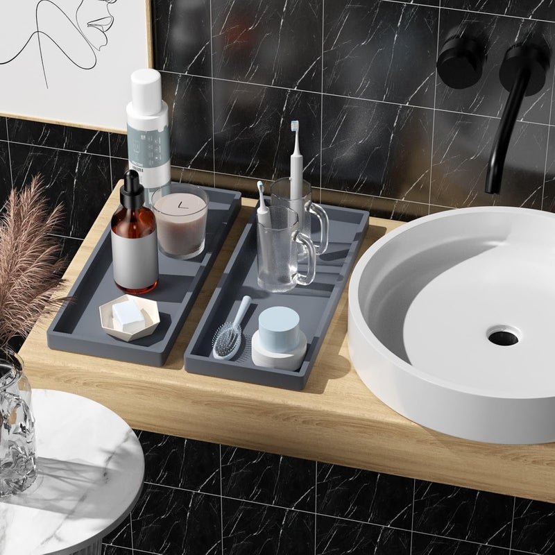 BBK Bathroom Trays 2 Pack (Large, Gray) - Silicone, Rectangular, Dishwasher Safe - Organize Toiletries & Grooming Products - Image 2